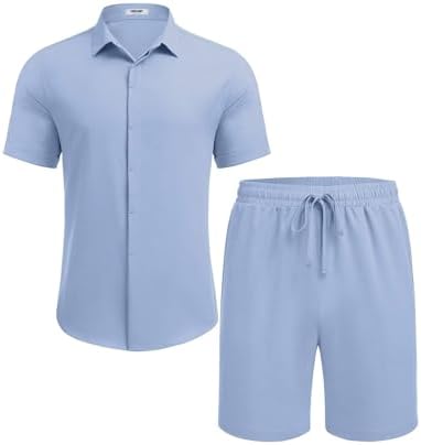 COOFANDY Men's Summer Beach Outfits 2 Piece Short Sleeve Shirts and Shorts Vacation Texture Linen Sets for Men - Image 4