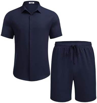 COOFANDY Men's Summer Beach Outfits 2 Piece Short Sleeve Shirts and Shorts Vacation Texture Linen Sets for Men - Image 4