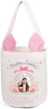 Personalized Bunny Ears Bucket Bag with Custom Name Photo-Easter Bag with Handle-Soft Egg Basket for Kids -Customized Easter Basket-Great for Carrying Gift Easter Eggs (Pink-Photo) by Dreamgem