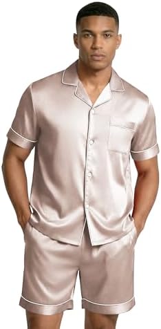 Ekouaer Mens Silk Satin Pajamas Set Short Sleeve Button Up Lounge Pjs Set - Image 2
