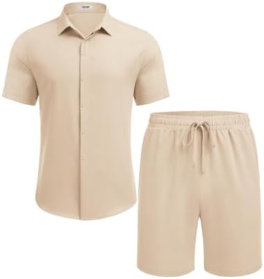 COOFANDY Men's Summer Beach Outfits 2 Piece Short Sleeve Shirts and Shorts Vacation Texture Linen Sets for Men - Image 4