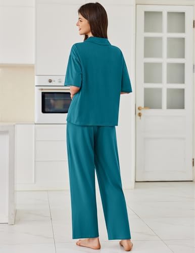 Ekouaer Women Pajamas Set Button Down Sleepwear Short Sleeve Pjs Long Pants - Image 2