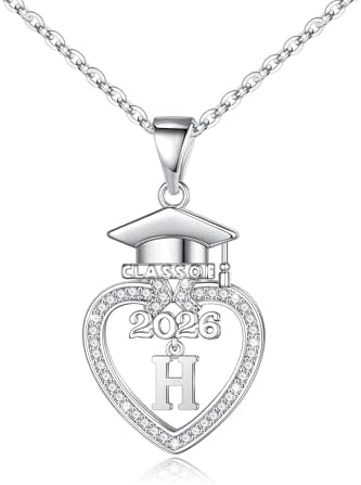 Turandoss Graduation Gifts for Women Her 2026-14K White Gold Plated Initial Necklace Dainty CZ Heart Pendant Silver Initial Necklaces for Women Friends Class of 2026 Friendship Graduation Gifts by TurandossJewelry