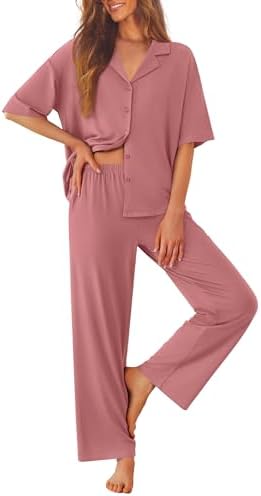 Ekouaer Women Pajamas Set Button Down Sleepwear Short Sleeve Pjs Long Pants by EKOUAER