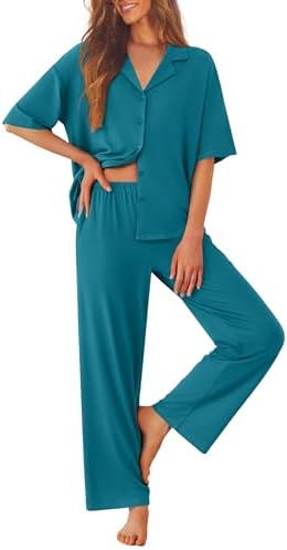 Ekouaer Women Pajamas Set Button Down Sleepwear Short Sleeve Pjs Long Pants by EKOUAER