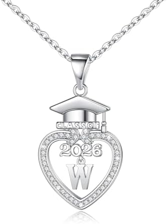 Turandoss Graduation Gifts for Women Her 2026-14K White Gold Plated Initial Necklace Dainty CZ Heart Pendant Silver Initial Necklaces for Women Friends Class of 2026 Friendship Graduation Gifts by TurandossJewelry