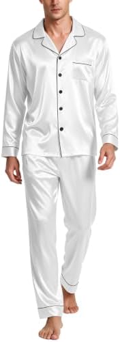 SWOMOG Mens Silk Satin Pajamas Set Long Sleeve Sleepwear Button-Down Pj Two-piece Loungewear with Long Pants S-XXL by SWOMOG