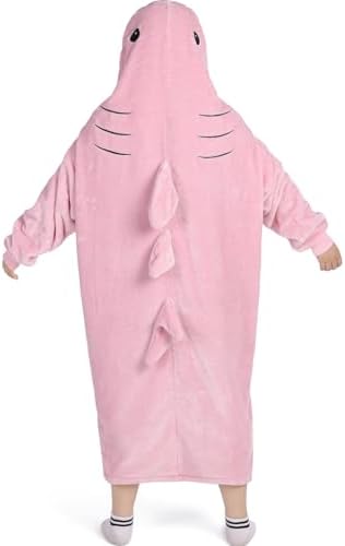Waitu Shark Blanket Hoodie Funny Birthday Gifts for Women Men Boys Girls, Zipper Wearable Shark Hooded Blanket Cute Shark Costume Cozy Flannel Shark Sleeping Bag for Shark Lovers (Adult, Bright Pink) - Image 2