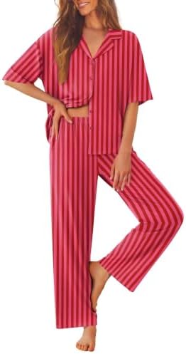 Ekouaer Women Pajamas Set Button Down Sleepwear Short Sleeve Pjs Long Pants by EKOUAER