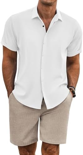 COOFANDY Men's Summer Beach Outfits 2 Piece Short Sleeve Shirts and Shorts Vacation Texture Linen Sets for Men by COOFANDY