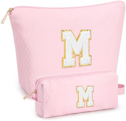 mibasies 2 PCS Initial Makeup Bags for Women: Cosmetic Bag for Travel Toiletry - Birthday Gifts for Teen Girl Gifts Trendy Stuff - Graduation Teacher Gift for Girlfriend -Lattice Pink M by mibasies
