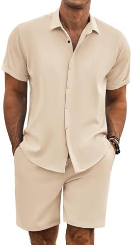 COOFANDY Men's Summer Beach Outfits 2 Piece Short Sleeve Shirts and Shorts Vacation Texture Linen Sets for Men by COOFANDY