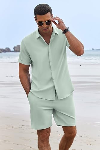 COOFANDY Men's Summer Beach Outfits 2 Piece Short Sleeve Shirts and Shorts Vacation Texture Linen Sets for Men - Image 3