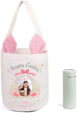 Personalized Bunny Ears Bucket Bag with Custom Name Photo-Easter Bag with Handle-Soft Egg Basket for Kids -Customized Easter Basket-Great for Carrying Gift Easter Eggs (Pink-Photo) - Image 7