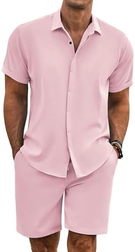 COOFANDY Men's Summer Beach Outfits 2 Piece Short Sleeve Shirts and Shorts Vacation Texture Linen Sets for Men by COOFANDY