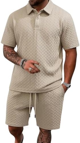 Men's 2 Pieces Outfits Casual Polo Shirt and Shorts Set Collar Athletic Jogging Summer Tracksuit by LINENNMAIN