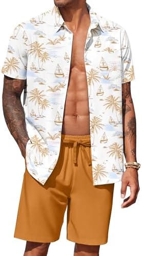 COOFANDY Men's Hawaiian 2 Piece Outfits Floral Button Down Shirt and Shorts Vacation Outfits Summer Beach Matching Set by COOFANDY