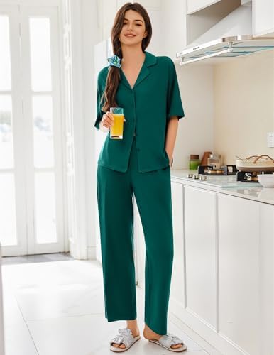Ekouaer Women Pajamas Set Button Down Sleepwear Short Sleeve Pjs Long Pants - Image 3