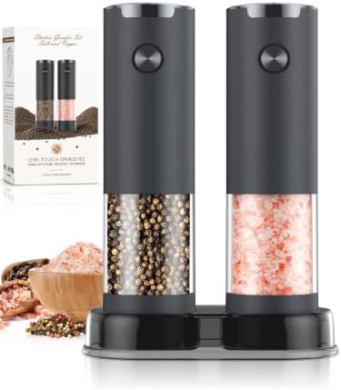 Electric Salt and Pepper Grinder Set Automatic Battery Pepper Mill Shakers Adjustable Coarseness Upgraded Larger Capacity with Led Home and Kitchen Appliances(Dark Gray) by ioion