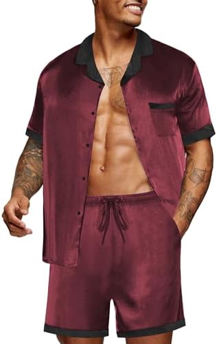 Ekouaer Men Silk Pajamas Set 2 Pieces Satin Pj Button Down Loungewear Sets by EKOUAER