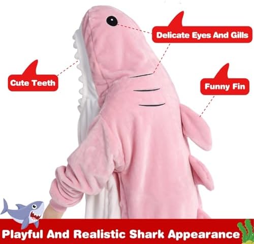 Waitu Shark Blanket Hoodie Funny Birthday Gifts for Women Men Boys Girls, Zipper Wearable Shark Hooded Blanket Cute Shark Costume Cozy Flannel Shark Sleeping Bag for Shark Lovers (Adult, Bright Pink) - Image 6