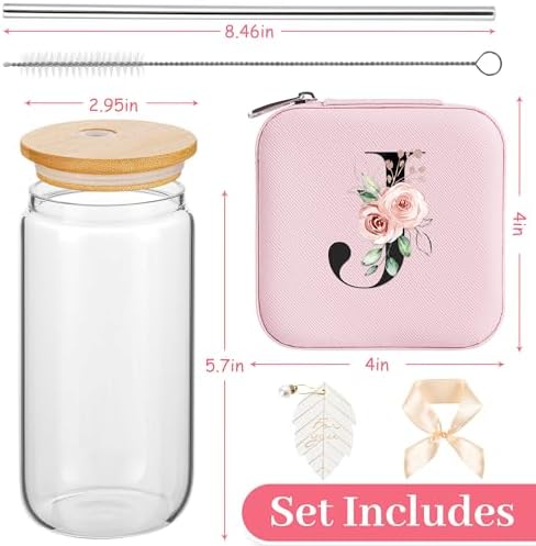 AYGXU Personalized gifts for bridesmaid,16oz glass cups with lid and straw,Jewelry Organizer,Graduation Travel Gifts for Women,Personalized Travel Mini Jewelry Case,Initial J pink - Image 2
