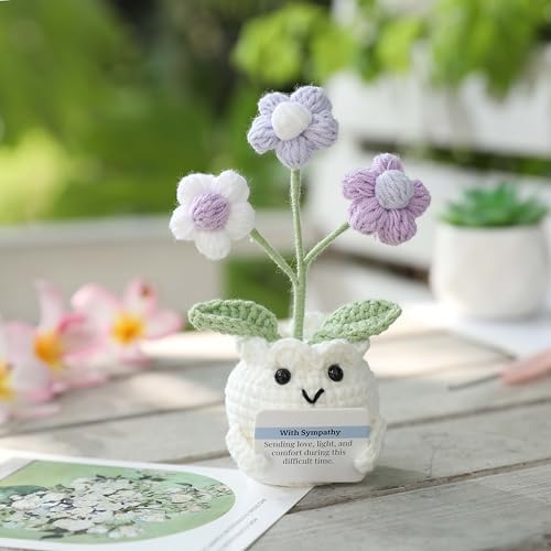 Crochet Sympathy Gifts for Loss of Loved One – Send Sympathy Crochet Puff Flower Potted Plant with Comfort Card – Bereavement, Grief Support Gift Idea for Grandpa Grandma Mom Dad Women Friends - Image 2
