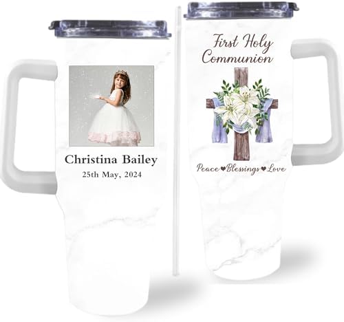 First Communion Gifts for Girls - Personalized 1st Holy Communion Tumblers with Handle and Straw, Custom First Holy Communion Coffee Tumbler with Photo & Name, Baptism Gifts for Girls Daughters by Artsadd