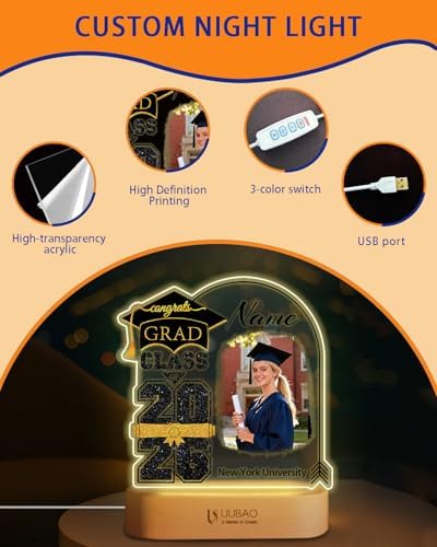 Personalized Graduation Gifts Custom Photo Name Night Light Black and Gold LED Table Lamp for 2026 University High School Senior Keepsake(Cap) - Image 5