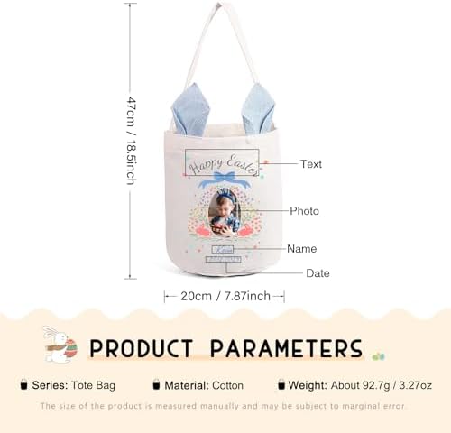 Personalized Bunny Ears Bucket Bag with Custom Name Photo-Easter Bag with Handle-Soft Egg Basket for Kids -Customized Easter Basket-Great for Carrying Gift Easter Eggs (Blue-Photo) - Image 2