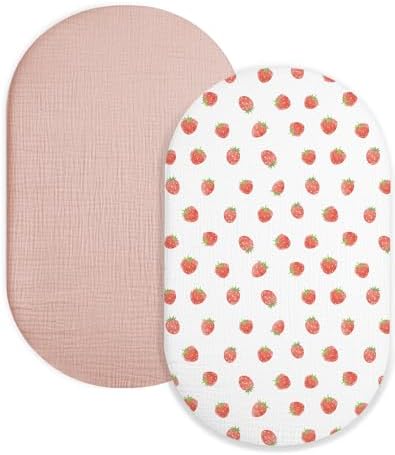 Muslin Bassinet Sheets 2 Pack, 33" x 17", (Strawberry & Pale Pink) by Meowcards