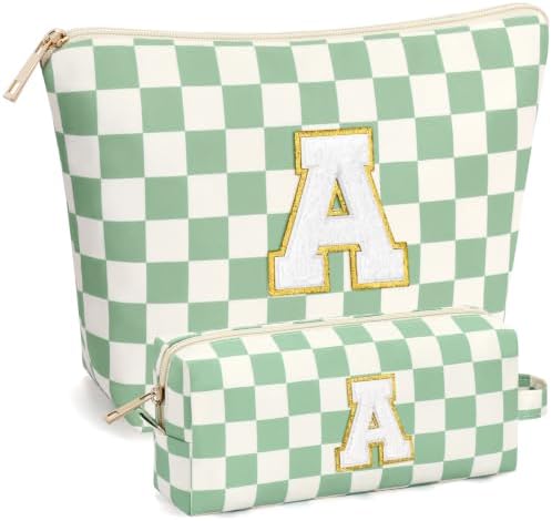 mibasies 2 PCS Initial Makeup Bags for Women: Cosmetic Bag for Travel Toiletry - Birthday Gifts for Teen Girl Gifts Trendy Stuff - Graduation Teacher Gift for Girlfriend -Checkered Green A by mibasies