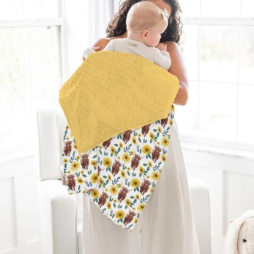 Highland Cow Yellow Sunflowers Baby Blankets for Girl Boy Highland Yak Boho Floral Soft Mink Dotted Backing Double Layer Swaddle Blanket Vintage Farm Animal Bed Throws for Newborn Toddler Crib 30x40 - Image 4