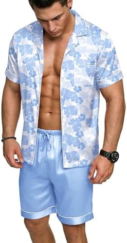 Ekouaer Mens Silk Satin Pajamas Set Short Sleeve Button Up Lounge Pjs Set by EKOUAER