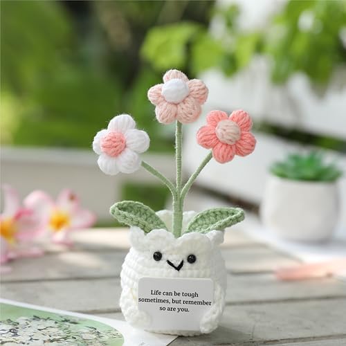 Mental Health Crochet Flower Pot, Positive Stress Relief Desk Decor with Card “Life Can Be Tough But So are You”, Handmade Emotional Support Gift - Image 2