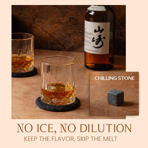 Mixology & Craft Whiskey Stones Gift Set: with Two 10oz Lead-Free Crystal Whiskey Glasses, 8 Whiskey Stones with Velvet Bag, 2 Slate Coasters & Recipe Cards in Wooden Crate | Great - Image 4