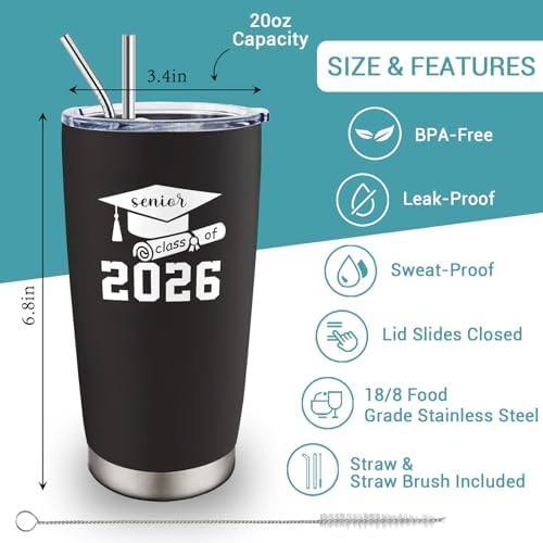 2026 Graduation Gift for Him Her - Senior Class of 2026 Gifts - 20 oz Stainless Steel Tumbler With Lid & Straw - High School/College/Master Degree/PHD Gradution Gifts - Image 2