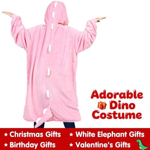 Waitu Dinosaur Wearable Blanket Hoodie Funny Halloween Costumes Gifts for Women Men Boys Girls, Zipper Hoodie Blanket Sweatshirt Cozy Unisex Flannel Dinosaur Costume Cute Gifts (Adult, Bright Pink) - Image 2