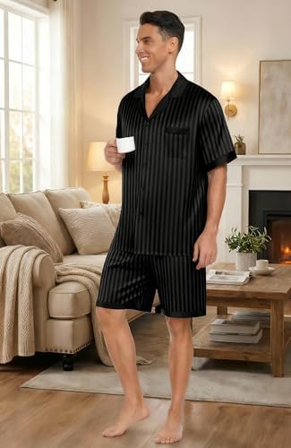 Ekouaer Men Silk Pajamas Set 2 Pieces Satin Pj Button Down Loungewear Sets - Image 2
