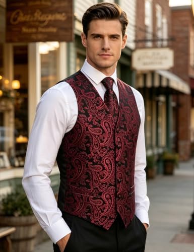 DiBanGu Mens Vest and Tie Set Formal Paisley Waistcoat and Necktie Pocket Square Cufflinks Silk Suit Vest for Tuxedo Wedding - Image 2