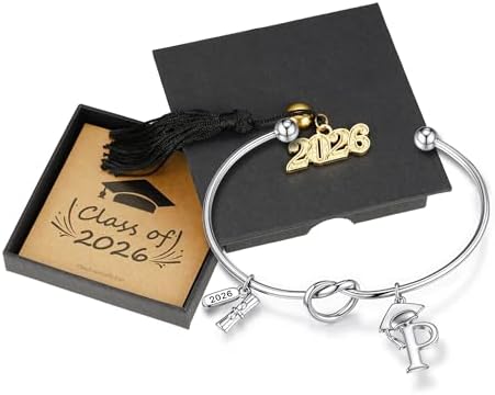 Turandoss Graduation Gifts for Women 2026 - 14K White Gold Plated Initial Knot Cuff Bangle, Dainty Grad Cap Diploma Bracelet, Class of 2026 Graduation Jewelry Gift for Her College High School Graduate by TurandossJewelry