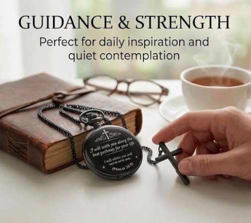 Udaney Jofanvin Christian Gifts for Men, Bible Verse Engraved Pocket Watch and Cross Necklace Set, Religious Graduation Baptism Birthday Gift for Son Grandson Dad, - Image 4