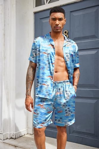 Ekouaer Mens Silk Satin Pajamas Set Short Sleeve Button Up Lounge Pjs Set - Image 3