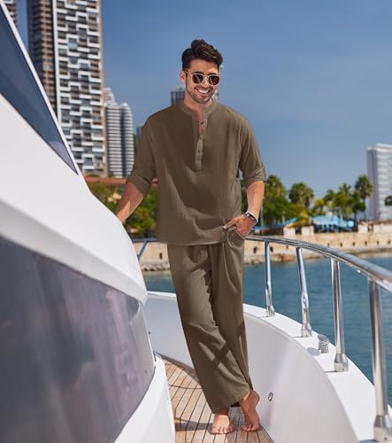 COOFANDY Men’s 2 Piece Cotton Linen Set Casual Beach Outfits Long Sleeve - Image 2
