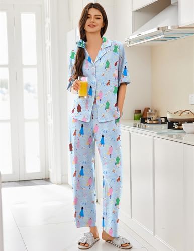 Ekouaer Women Pajamas Set Button Down Sleepwear Short Sleeve Pjs Long Pants - Image 3