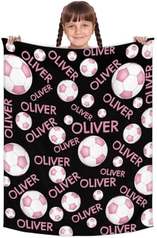 Personalized Baby Blankets for Girls Boys, Custom Baby Blanket with Name Swaddle Toddler Fleece Blanket Personalized Gift Pink Soccer Text - Image 2