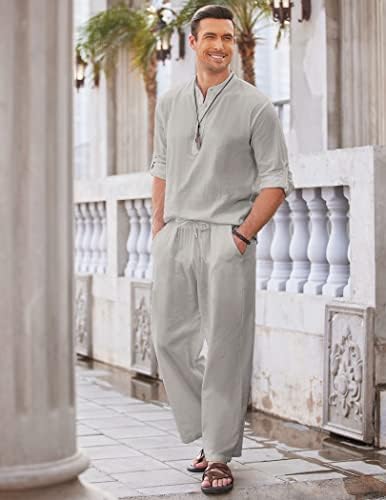 COOFANDY Men’s 2 Piece Cotton Linen Set Casual Beach Outfits Long Sleeve - Image 3