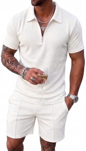Men's Summer Outfits 2-Piece Polo Short Sets Shirt Sweatsuit by Kgamfar