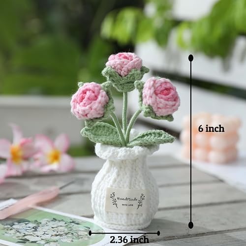 Crochet Rose Flower Potted Plant – Pink, for Her, Handmade Knitted Romantic Desk Decor - Image 5