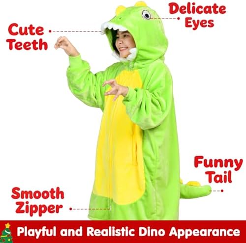 Waitu Dinosaur Wearable Blanket Hoodie Funny Halloween Costumes Gifts for Women Men Boys Girls, Zipper Hoodie Blanket Sweatshirt Cozy Unisex Flannel Dinosaur Costume Cute Gifts (Kids, Green) - Image 4